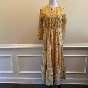 BANJANAN Cottagecore 3/4 Sleeve Siesta Bright Marigold Floral Bazaar Dress Si…